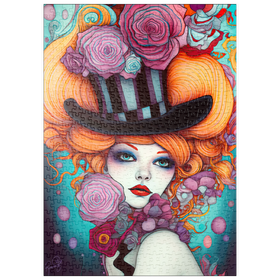Darstellung des Puzzle Motivs Verspielte Frau mit gestreiftem Zylinderhut und floralen Akzenten - Puzzleteile: 500