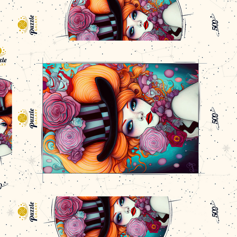 Darstellung des Puzzle Motivs Verspielte Frau mit gestreiftem Zylinderhut und floralen Akzenten Whimsical Woman with Striped Top Hat and Floral Accents 500 Puzzle Schachtel 3D Modell