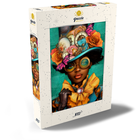 Darstellung des Puzzle Motivs Steampunk-Frau mit Blumenhut und Zahnrädern Steampunk Woman with Floral Hat and Gears 1000 Puzzle Schachtel Ansicht2