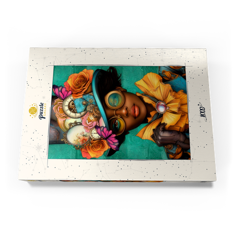 Darstellung des Puzzle Motivs Steampunk-Frau mit Blumenhut und Zahnrädern Steampunk Woman with Floral Hat and Gears 1000 Puzzle Schachtel Ansicht3