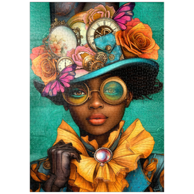 Darstellung des Puzzle-Motivs Steampunk-Frau mit Blumenhut und Zahnrädern – Puzzleteile: 1000