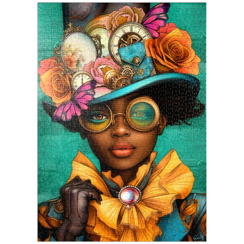 Darstellung des Puzzle Motivs Steampunk-Frau mit Blumenhut und Zahnrädern puzzleplate Steampunk Woman with Floral Hat and Gears 1000 Puzzle