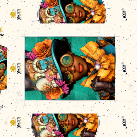 Darstellung des Puzzle Motivs Steampunk-Frau mit Blumenhut und Zahnrädern Steampunk Woman with Floral Hat and Gears 1000 Puzzle Schachtel 3D Modell