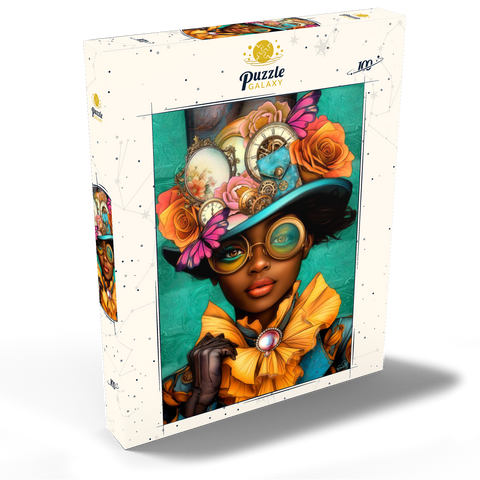 Darstellung des Puzzle Motivs Steampunk-Frau mit Blumenhut und Zahnrädern Steampunk Woman with Floral Hat and Gears 100 Puzzle Schachtel Ansicht2