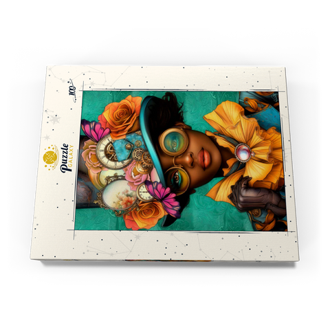 Darstellung des Puzzle Motivs Steampunk-Frau mit Blumenhut und Zahnrädern Steampunk Woman with Floral Hat and Gears 100 Puzzle Schachtel Ansicht3