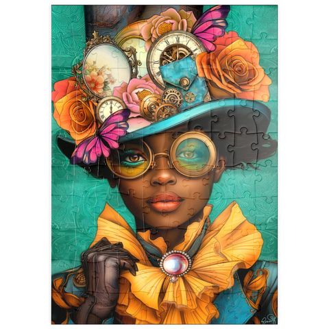 Darstellung des Puzzle Motivs Steampunk-Frau mit Blumenhut und Zahnrädern puzzleplate Steampunk Woman with Floral Hat and Gears 100 Puzzle