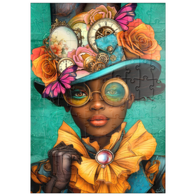 Darstellung des Puzzle Motivs Steampunk-Frau mit Blumenhut und Zahnrädern - Puzzleteile: 100