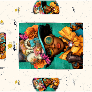 Darstellung des Puzzle Motivs Steampunk Woman with Floral Hat and Gears 100 Puzzle Schachtel 3D Modell