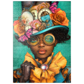 Darstellung des Puzzle-Motivs Steampunk-Frau mit Blumenhut und Zahnrädern – Puzzleteile: 200