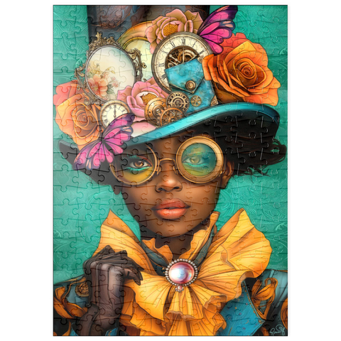 Darstellung des Puzzle Motivs Steampunk-Frau mit Blumenhut und Zahnrädern puzzleplate Steampunk Woman with Floral Hat and Gears 200 Puzzle