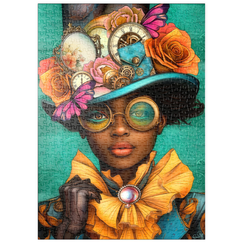 Darstellung des Puzzle Motivs Steampunk-Frau mit Blumenhut und Zahnrädern puzzleplate Steampunk Woman with Floral Hat and Gears 500 Puzzle