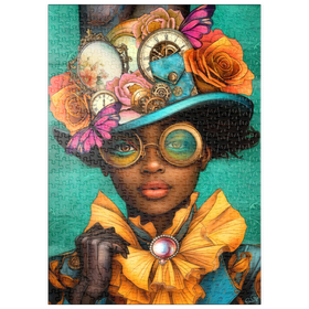 Darstellung des Puzzle Motivs Steampunk-Frau mit Blumenhut und Zahnrädern - Puzzleteile: 500