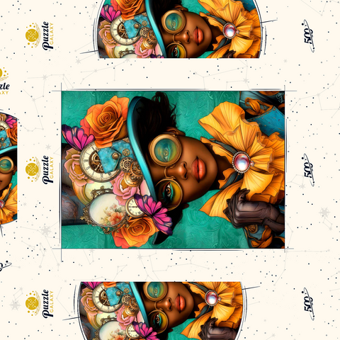 Darstellung des Puzzle Motivs Steampunk-Frau mit Blumenhut und Zahnrädern Steampunk Woman with Floral Hat and Gears 500 Puzzle Schachtel 3D Modell