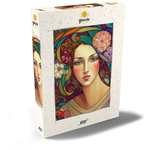 Darstellung des Puzzle Motivs Jugendstil-Frau mit floralen und goldenen Akzenten Art Nouveau Woman with Floral and Gold Accents 1000 Puzzle Schachtel Ansicht2