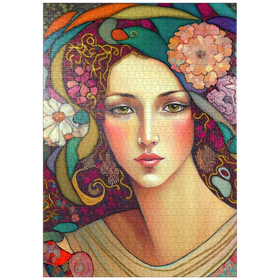 Darstellung des Puzzle-Motivs Jugendstil-Frau mit floralen und goldenen Akzenten – Puzzleteile: 1000
