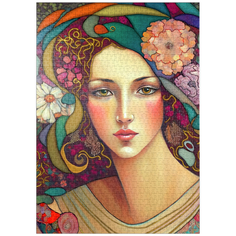 Darstellung des Puzzle Motivs Jugendstil-Frau mit floralen und goldenen Akzenten puzzleplate Art Nouveau Woman with Floral and Gold Accents 1000 Puzzle