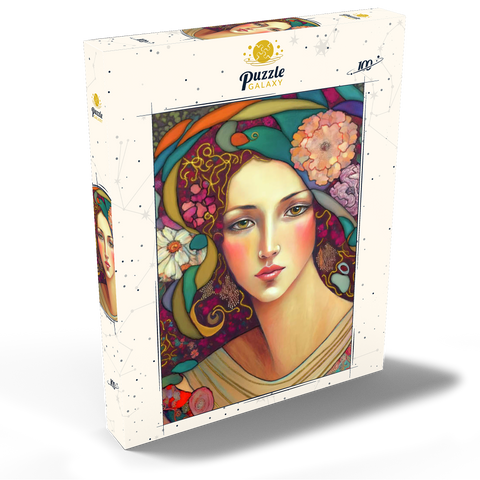 Darstellung des Puzzle Motivs Jugendstil-Frau mit floralen und goldenen Akzenten Art Nouveau Woman with Floral and Gold Accents 100 Puzzle Schachtel Ansicht2