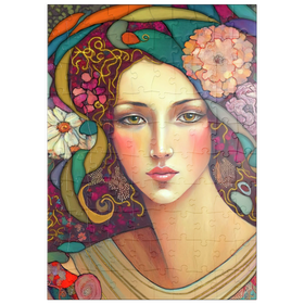 Darstellung des Puzzle Motivs Jugendstil-Frau mit floralen und goldenen Akzenten - Puzzleteile: 100