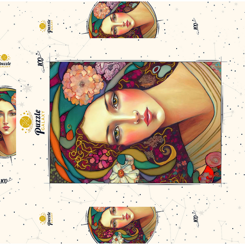 Darstellung des Puzzle Motivs Jugendstil-Frau mit floralen und goldenen Akzenten Art Nouveau Woman with Floral and Gold Accents 100 Puzzle Schachtel 3D Modell
