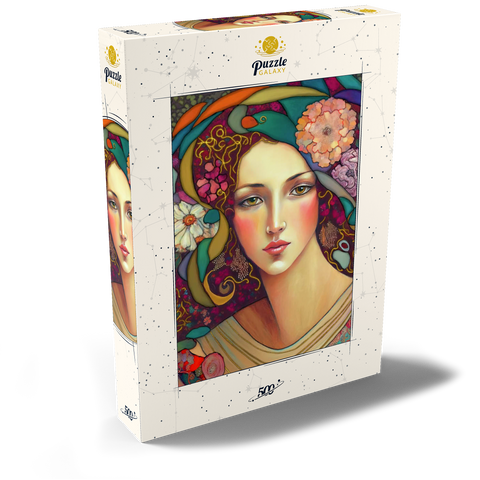 Darstellung des Puzzle Motivs Jugendstil-Frau mit floralen und goldenen Akzenten Art Nouveau Woman with Floral and Gold Accents 500 Puzzle Schachtel Ansicht2
