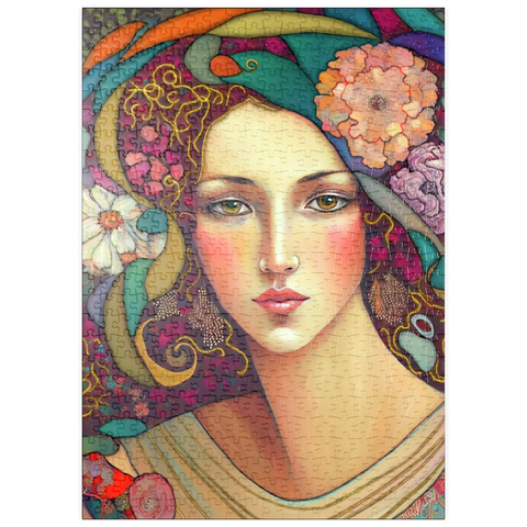 Darstellung des Puzzle Motivs Jugendstil-Frau mit floralen und goldenen Akzenten puzzleplate Art Nouveau Woman with Floral and Gold Accents 500 Puzzle