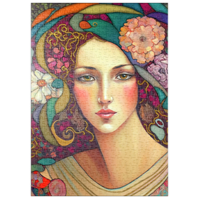 Darstellung des Puzzle Motivs Jugendstil-Frau mit floralen und goldenen Akzenten - Puzzleteile: 500