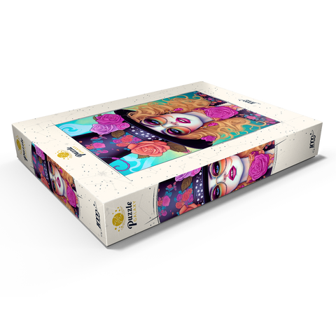 Darstellung des Puzzle Motivs Retro-Glamour-Frau mit floralem Zylinderhut Retro Glamour Woman with Floral Top Hat 1000 Puzzle Schachtel Ansicht1