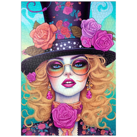 Darstellung des Puzzle-Motivs Retro-Glamour-Frau mit floralem Zylinderhut – Puzzleteile: 1000