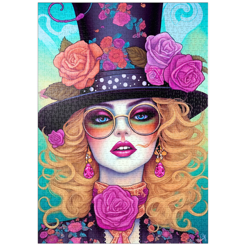 Darstellung des Puzzle Motivs Retro-Glamour-Frau mit floralem Zylinderhut puzzleplate Retro Glamour Woman with Floral Top Hat 1000 Puzzle