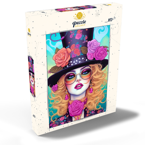 Darstellung des Puzzle Motivs Retro-Glamour-Frau mit floralem Zylinderhut Retro Glamour Woman with Floral Top Hat 100 Puzzle Schachtel Ansicht2