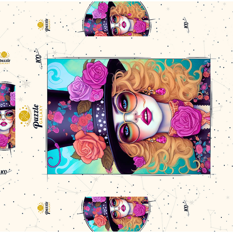 Darstellung des Puzzle Motivs Retro-Glamour-Frau mit floralem Zylinderhut Retro Glamour Woman with Floral Top Hat 100 Puzzle Schachtel 3D Modell