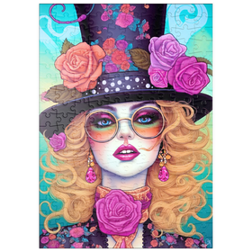 Darstellung des Puzzle-Motivs Retro-Glamour-Frau mit floralem Zylinderhut – Puzzleteile: 200