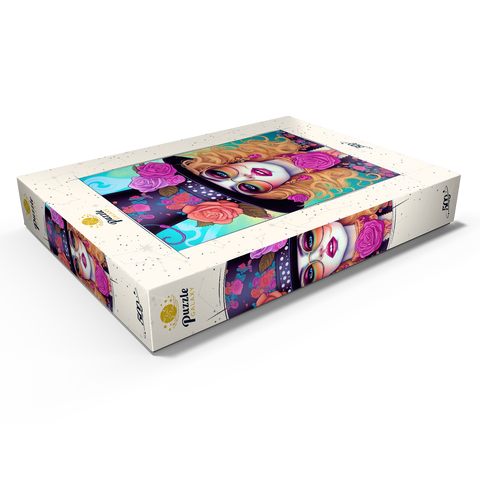 Darstellung des Puzzle Motivs Retro-Glamour-Frau mit floralem Zylinderhut Retro Glamour Woman with Floral Top Hat 500 Puzzle Schachtel Ansicht1