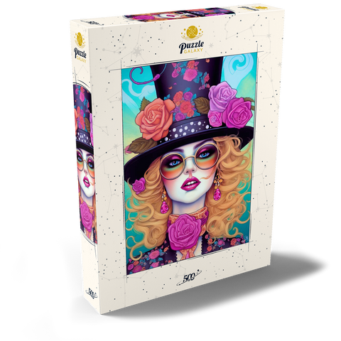 Darstellung des Puzzle Motivs Retro-Glamour-Frau mit floralem Zylinderhut Retro Glamour Woman with Floral Top Hat 500 Puzzle Schachtel Ansicht2