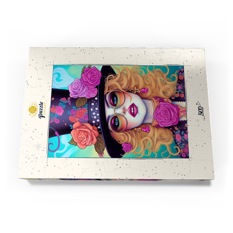 Darstellung des Puzzle Motivs Retro-Glamour-Frau mit floralem Zylinderhut Retro Glamour Woman with Floral Top Hat 500 Puzzle Schachtel Ansicht3