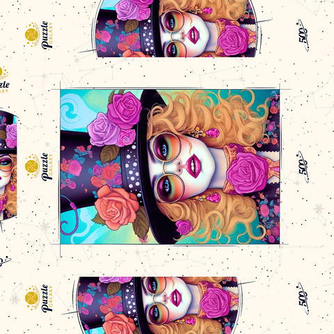 Darstellung des Puzzle Motivs Retro-Glamour-Frau mit floralem Zylinderhut Retro Glamour Woman with Floral Top Hat 500 Puzzle Schachtel 3D Modell
