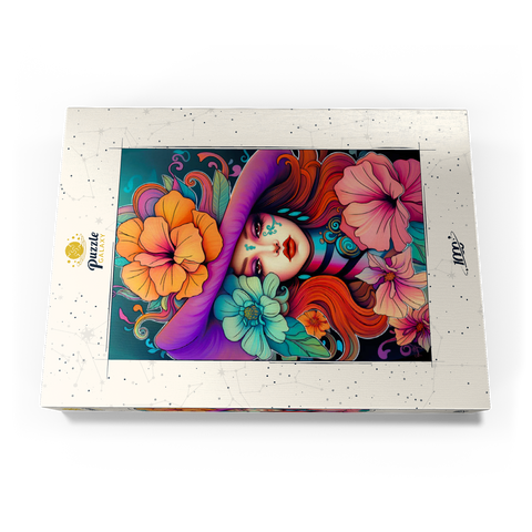 Darstellung des Puzzle Motivs Blumenmuse mit violettem Hut und feurigem Haar Floral Muse with Violet Hat and Fiery Hair 1000 Puzzle Schachtel Ansicht3