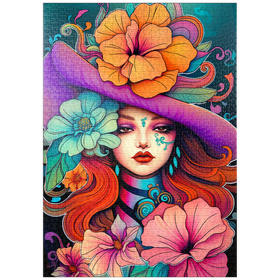 Darstellung des Puzzle-Motivs Blumenmuse mit violettem Hut und feurigem Haar – Puzzleteile: 1000