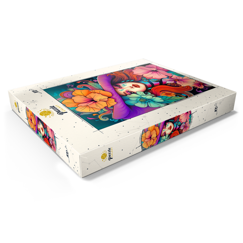 Darstellung des Puzzle Motivs Blumenmuse mit violettem Hut und feurigem Haar Floral Muse with Violet Hat and Fiery Hair 100 Puzzle Schachtel Ansicht1