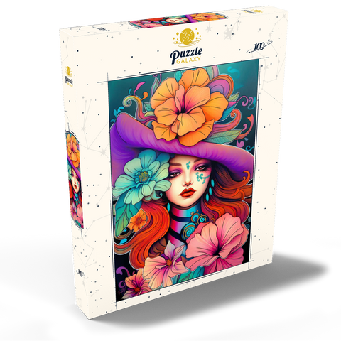 Darstellung des Puzzle Motivs Blumenmuse mit violettem Hut und feurigem Haar Floral Muse with Violet Hat and Fiery Hair 100 Puzzle Schachtel Ansicht2