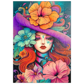 Darstellung des Puzzle Motivs Blumenmuse mit violettem Hut und feurigem Haar - Puzzleteile: 100