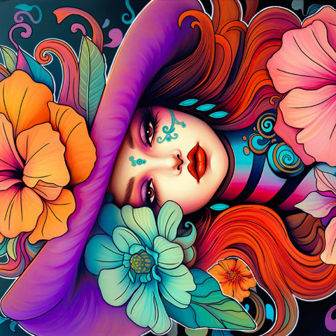 Darstellung des Puzzle Motivs Blumenmuse mit violettem Hut und feurigem Haar Floral Muse with Violet Hat and Fiery Hair 100 Puzzle 3D Modell