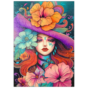 Darstellung des Puzzle-Motivs Blumenmuse mit violettem Hut und feurigem Haar – Puzzleteile: 200