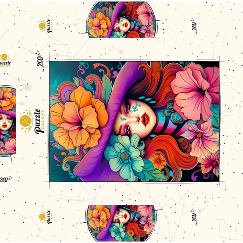 Darstellung des Puzzle Motivs Blumenmuse mit violettem Hut und feurigem Haar Floral Muse with Violet Hat and Fiery Hair 200 Puzzle Schachtel 3D Modell