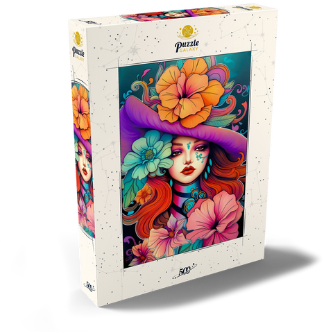 Darstellung des Puzzle Motivs Blumenmuse mit violettem Hut und feurigem Haar Floral Muse with Violet Hat and Fiery Hair 500 Puzzle Schachtel Ansicht2
