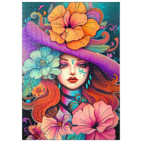 Darstellung des Puzzle-Motivs Blumenmuse mit violettem Hut und feurigem Haar – Puzzleteile: 500