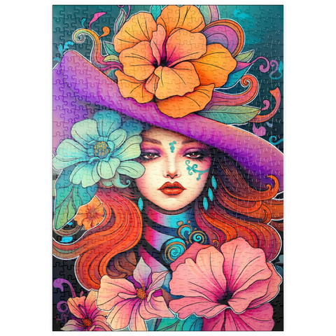 Darstellung des Puzzle Motivs Blumenmuse mit violettem Hut und feurigem Haar puzzleplate Floral Muse with Violet Hat and Fiery Hair 500 Puzzle