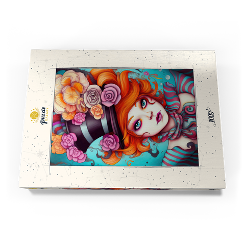 Darstellung des Puzzle Motivs Verspielte Frau mit gestreiftem Zylinderhut und floralen Akzenten Whimsical Woman with Striped Top Hat and Floral Accents 1000 Puzzle Schachtel Ansicht3