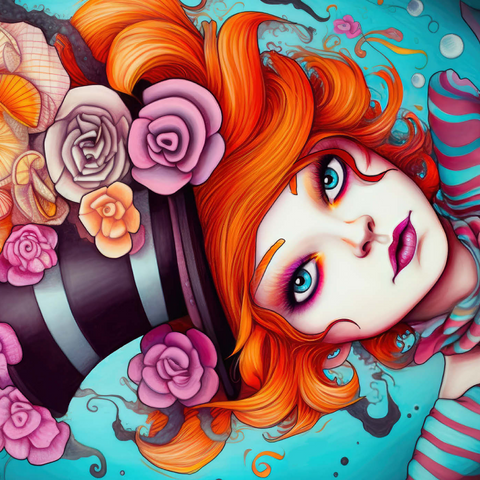 Darstellung des Puzzle Motivs Verspielte Frau mit gestreiftem Zylinderhut und floralen Akzenten Whimsical Woman with Striped Top Hat and Floral Accents 1000 Puzzle 3D Modell
