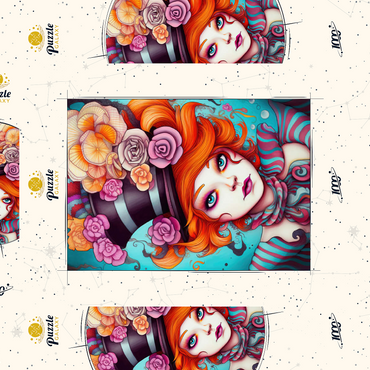 Darstellung des Puzzle Motivs Whimsical Woman with Striped Top Hat and Floral Accents 1000 Puzzle Schachtel 3D Modell